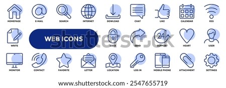 Set of vector line icons related to web and internet, social media, communication and contact. Symbols for website or app ui, logo design, illustration