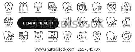 Set of vector line icons related to dental health care, medical teeth protection. Symbols for website or app ui, logo design, illustration