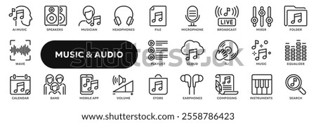 Set of vector line icons related to music and sound industry, audio listening and recording. Symbols for website or app ui, logo design, illustration