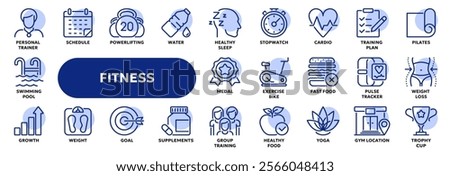 Set of vector line icons related to fitness and sport, healthy nutrition, gym exercises. Symbols for website or app ui, logo design, illustration