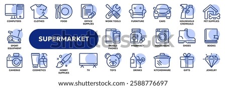 Set of vector line icons related to supermarket product categories, retail, e-commerce and shopping. Symbols for website or app ui, logo design, illustration