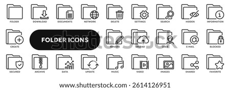Set of vector line icons related to computer files and folders, file system management. Symbols for web or app UI, logo design, illustration
