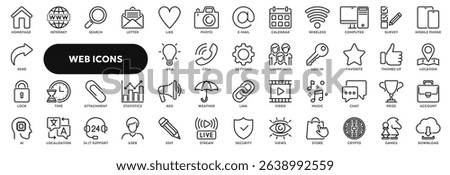 Set of vector line icons related to internet technology, social media, communication. Symbols for website or app UI, logo design, illustration