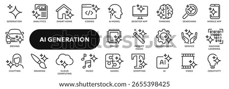 Set of vector line icons related to artificial intelligence, machine learning, data science and generative technology. Symbols for website or app UI, logo design, illustration