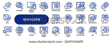 Set of vector line icons related to SEO and digital marketing, web page search optimization. Symbols for website or app UI, logo design, illustration