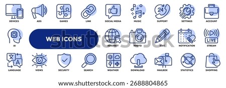 Set of vector line icons related to internet and social media, communication, contact. Symbols for website or app UI, logo design, illustration