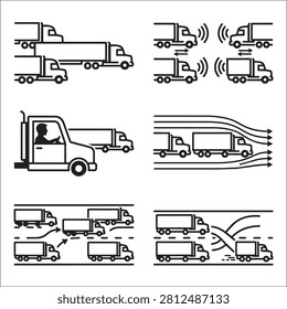 Set of vector line icons representing autonomous and platoon truck technology concepts