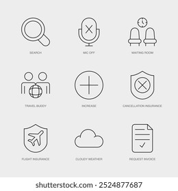 Set of Vector Line Icons for Request Invoice, Search, Mic Off and more. Editable collection of 9 Airline Outline Icons.