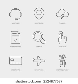 Set of Vector Line Icons for Request Invoice, Search, Selection and more. Editable collection of 9 Airline Outline Icons.