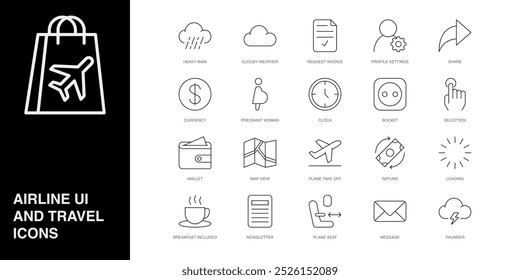 Set of Vector Line Icons for Request Invoice, Profile Settings, Share and more. Editable collection of 20 Airline Outline Icons.