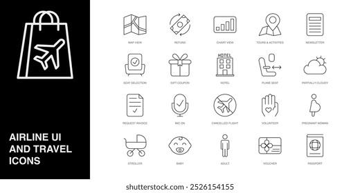 Conjunto de ícones de linha vetorial para fatura de solicitação, microfone ativado, voo cancelado e muito mais. Coleção editável de 20 ícones de contorno de linha aérea.