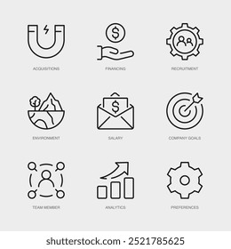 Conjunto de iconos de línea de Vector para salario, objetivos de la empresa, Miembro del equipo y más. Colección de 9 iconos de esquema de App de gestión empresarial.
