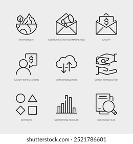 Set of Vector Line Icons for Salary, Salary Expectations, Synchronization and more. Collection of 9 Business Management App Outline Icons.