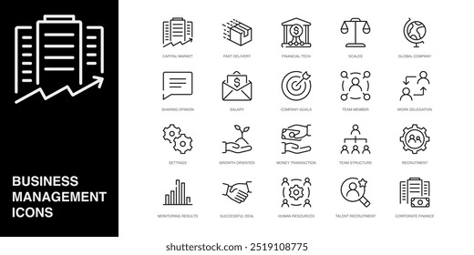 Conjunto de iconos de línea de Vector para escalas, empresa global, compartiendo opinión y más. Colección de 20 iconos de esquema de App de gestión empresarial.