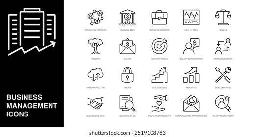 Conjunto de iconos de línea de Vector para escalas, crecimiento, salario y más. Colección de 20 iconos de esquema de App de gestión empresarial.