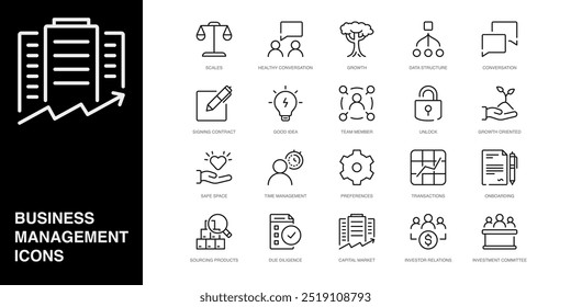 Set of Vector Line Icons for Scales, Healthy Conversation, Growth and more. Collection of 20 Business Management App Outline Icons.