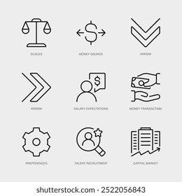Set of Vector Line Icons for Scales, Money Source, Arrow and more. Collection of 9 Business Management App Outline Icons.