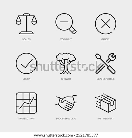 Set of Vector Line Icons for Scales, Zoom Out, Cancel and more. Collection of 9 Business Management App Outline Icons.