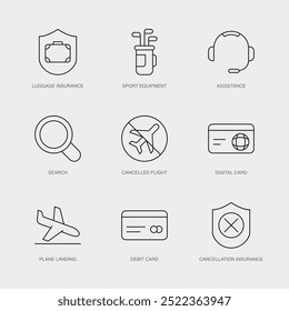 Set of Vector Line Icons for Search, Cancelled Flight, Digital Card and more. Editable collection of 9 Airline Outline Icons.