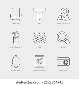 Conjunto de ícones de linha vetorial para pesquisa, notificação, documento de viagem e mais. Coleção editável de 9 ícones de contorno de linha aérea.