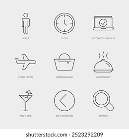 Conjunto de iconos de línea de Vector para Búsqueda, adulto, reloj y más. Colección editable de 9 iconos de líneas aéreas.