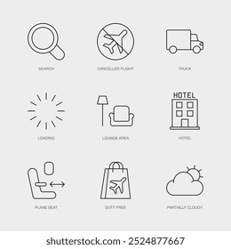 Set of Vector Line Icons for Search, Cancelled Flight, Truck and more. Editable collection of 9 Airline Outline Icons.