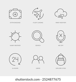 Set of Vector Line Icons for Search, Mic Off, 24 Hours and more. Editable collection of 9 Airline Outline Icons.