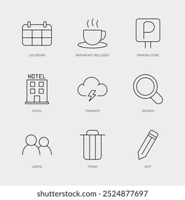 Set of Vector Line Icons for Search, Users, Trash and more. Editable collection of 9 Airline Outline Icons.