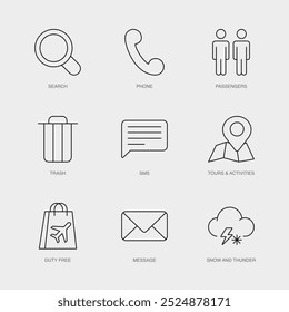 Conjunto de iconos de línea de Vector para Búsqueda, teléfono, pasajeros y más. Colección editable de 9 iconos de líneas aéreas.