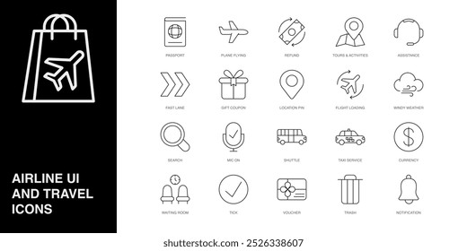 Set of Vector Line Icons for Search, Mic On, Shuttle and more. Editable collection of 20 Airline Outline Icons.