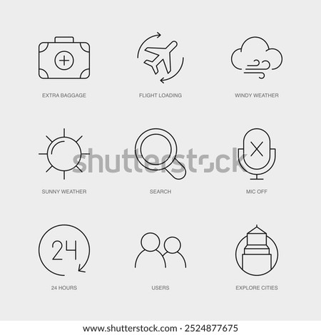 Set of Vector Line Icons for Search, Mic Off, 24 Hours and more. Editable collection of 9 Airline Outline Icons.