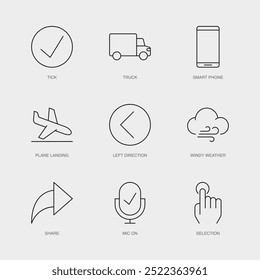 Conjunto de iconos de línea de Vector para Compartir, micrófono encendido, selección y más. Colección editable de 9 iconos de líneas aéreas.