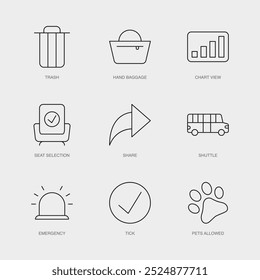 Set of Vector Line Icons for Share, Shuttle, Emergency and more. Editable collection of 9 Airline Outline Icons.