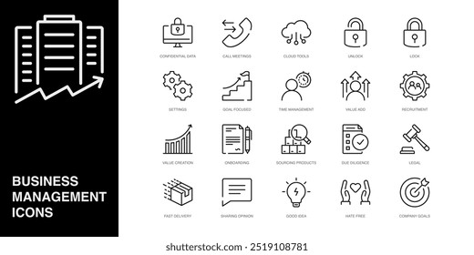 Set of Vector Line Icons for Sharing Opinion, Good Idea, Hate Free and more. Collection of 20  Business Management App Outline Icons.