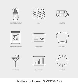 Set von Vektorlinien-Symbolen für Shuttle, Reisedokument, Debitkarte und mehr. Editierbare Sammlung von 9 Airline Outline Icons.