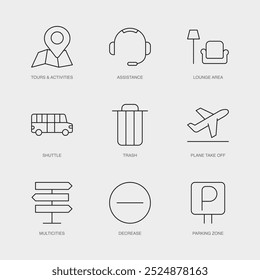 Set of Vector Line Icons for Shuttle, Trash, Plane Take Off and more. Editable collection of 9 Airline Outline Icons.