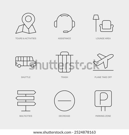 Set of Vector Line Icons for Shuttle, Trash, Plane Take Off and more. Editable collection of 9 Airline Outline Icons.