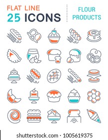 Set of vector line icons, sign and symbols with flat elements of flour products for modern concepts, web and apps. Collection of infographics logos and pictograms.