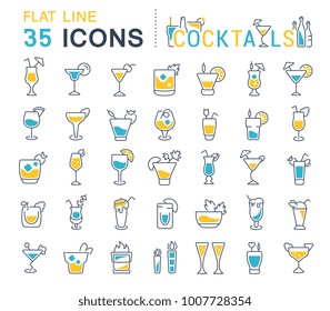 Satz von Vektorlinien-Symbole, Zeichen und Symbole mit flachen Elementen von Cocktails für moderne Konzepte, Web und Apps. Sammlung von Infografik-Logos und Piktogrammen.