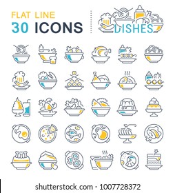 Set of vector line icons, sign and symbols with flat elements of dishes for modern concepts, web and apps. Collection of infographics logos and pictograms.