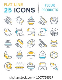 Set of vector line icons, sign and symbols with flat elements of flour products for modern concepts, web and apps. Collection of infographics logos and pictograms.