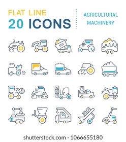 Set of vector line icons, sign and symbols with flat elements of agricultural machinery for modern concepts, web and apps. Collection of infographics logos and pictograms.