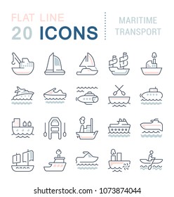 Set of vector line icons, sign and symbols with flat elements of maritime transport for modern concepts, web and apps. Collection of infographics logos and pictograms.