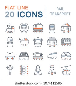 Set of vector line icons, sign and symbols with flat elements of rail transport for modern concepts, web and apps. Collection of infographics logos and pictograms.