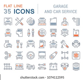Set of vector line icons, sign and symbols with flat elements of garage and car service for modern concepts, web and apps. Collection of infographics logos and pictograms.