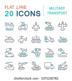 Set of vector line icons, sign and symbols with flat elements of military transport for modern concepts, web and apps. Collection of infographics logos and pictograms.