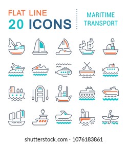 Set of vector line icons, sign and symbols with flat elements of maritime transport for modern concepts, web and apps. Collection of infographics logos and pictograms.