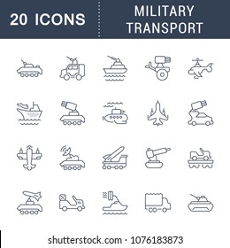 Set of vector line icons, sign and symbols of military transport for modern concepts, web and apps. Collection of infographics elements, logos and pictograms.