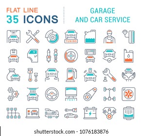 Set of vector line icons, sign and symbols with flat elements of garage and car service for modern concepts, web and apps. Collection of infographics logos and pictograms.