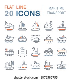 Set of vector line icons, sign and symbols with flat elements of maritime transport for modern concepts, web and apps. Collection of infographics logos and pictograms.